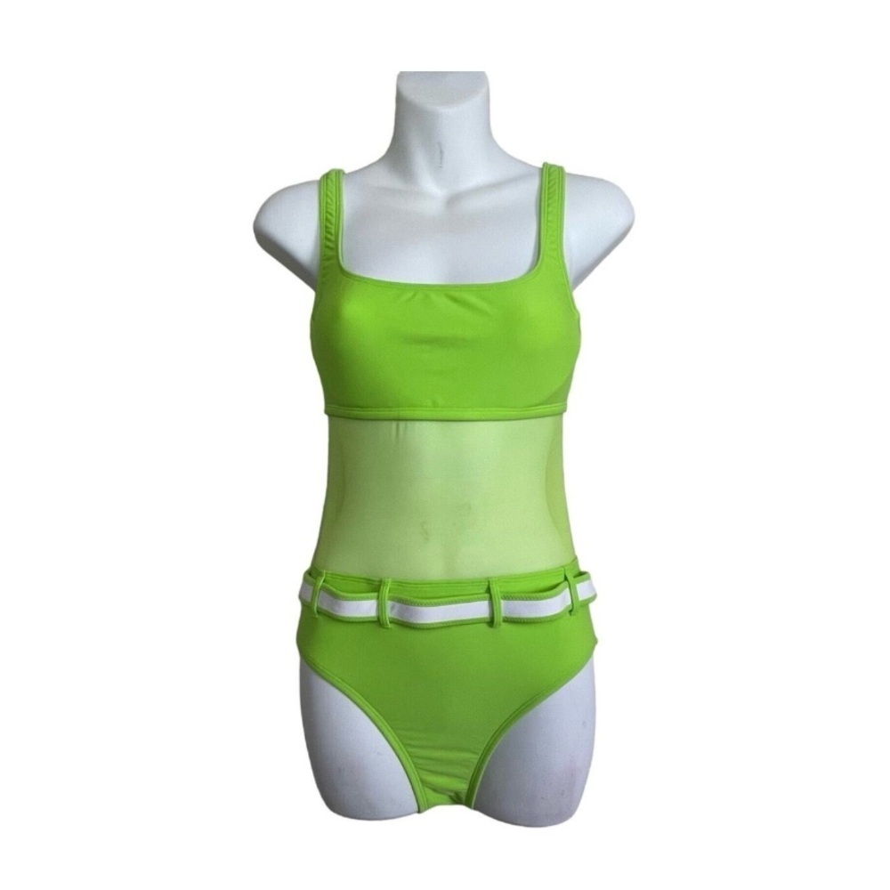 🔥 LA BLANCA by Rod Beattie Swimwear Neon Green Mesh Middie Belt One Piece Size 8